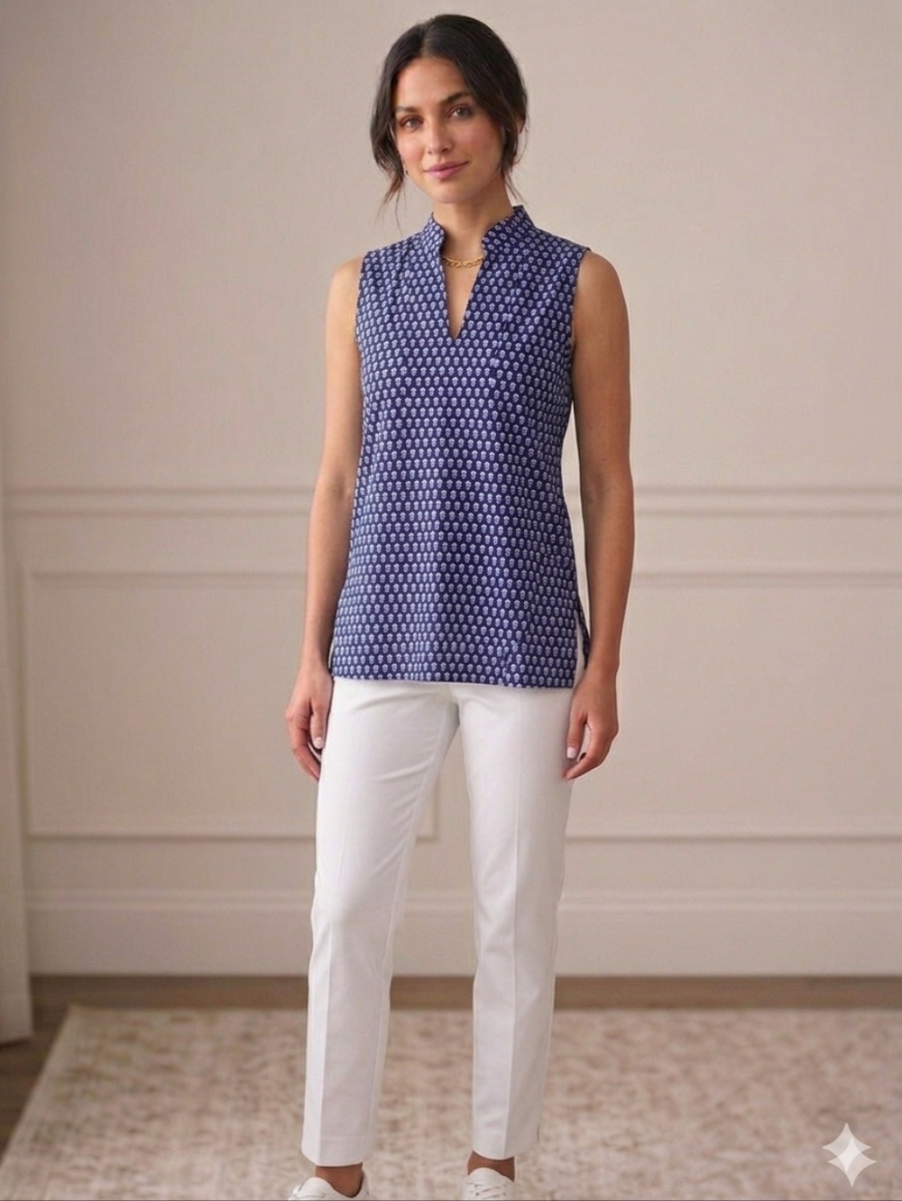 NWOT Jude Connally Navy and White Sleeveless Split-Neck Top